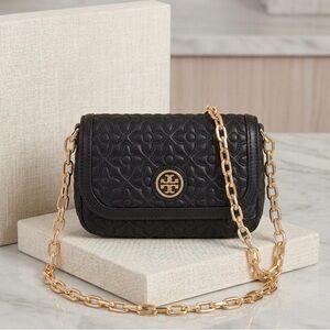 Tory Burch Alexa Black Quilted Leather Mini Crossbody Bag Gold Chain